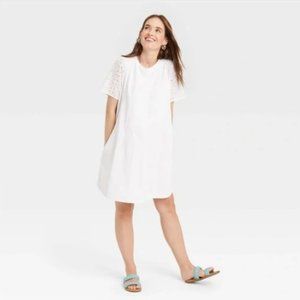 The Nines by HATCH Short Sleeve Eyelet T-Shirt Maternity Dress White M